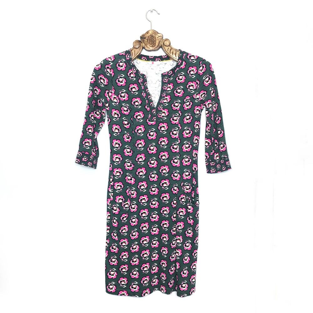 Boden Cotton Dress Floral Pattern Front Pockets Notch Neck Long Sleeves 4R